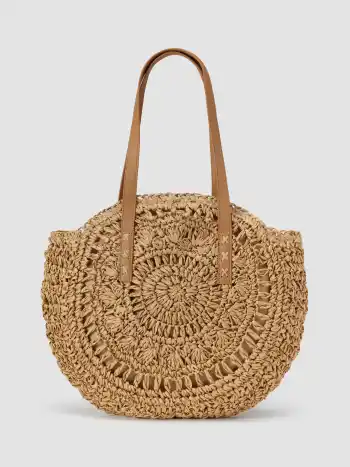 ROUND STRAW & FAUX LEATHER TOTE BAG 