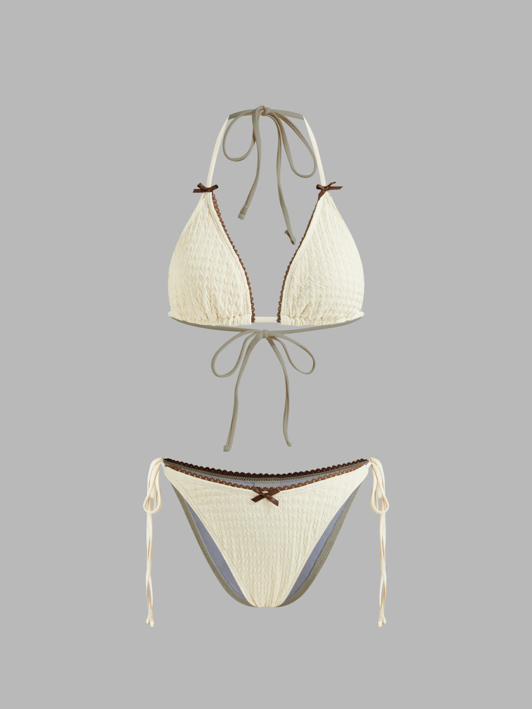 Set bikini con scollo a V, triangolo in pizzo con nodo e laccetti