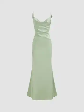 Satin Cowl Neck 3D Floral Ruched Mermaid Maxi Dress