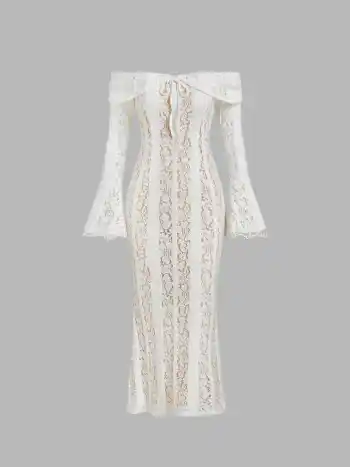 Spitzen-Off-shoulder Blumen-Knoten-Maxikleid