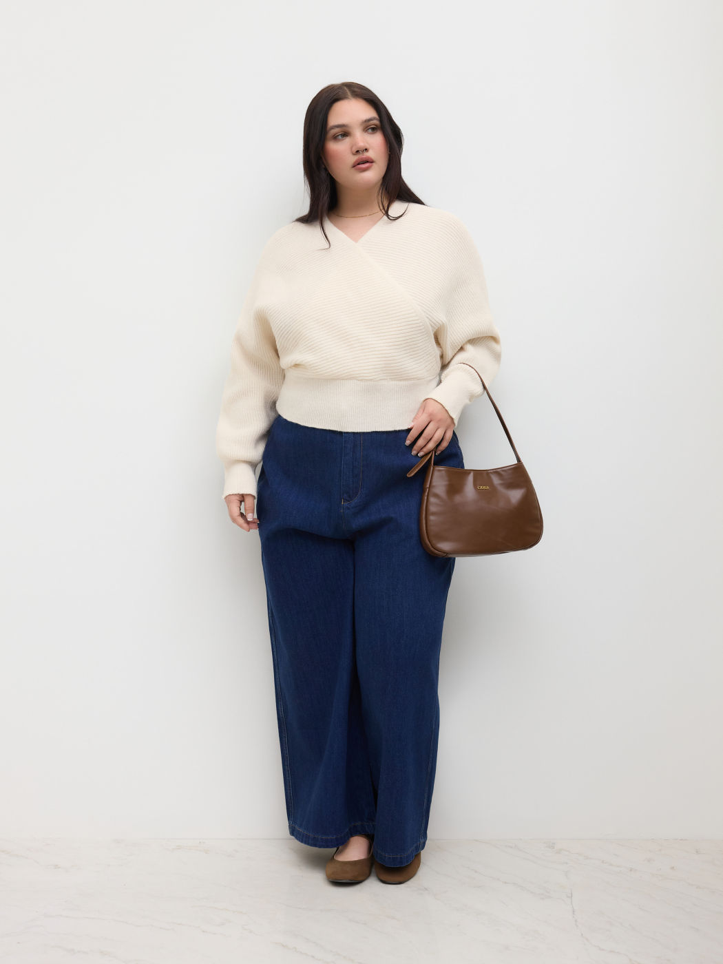 Knit V-neck Wrap Oversized Long Sleeve Top Curve & Plus
