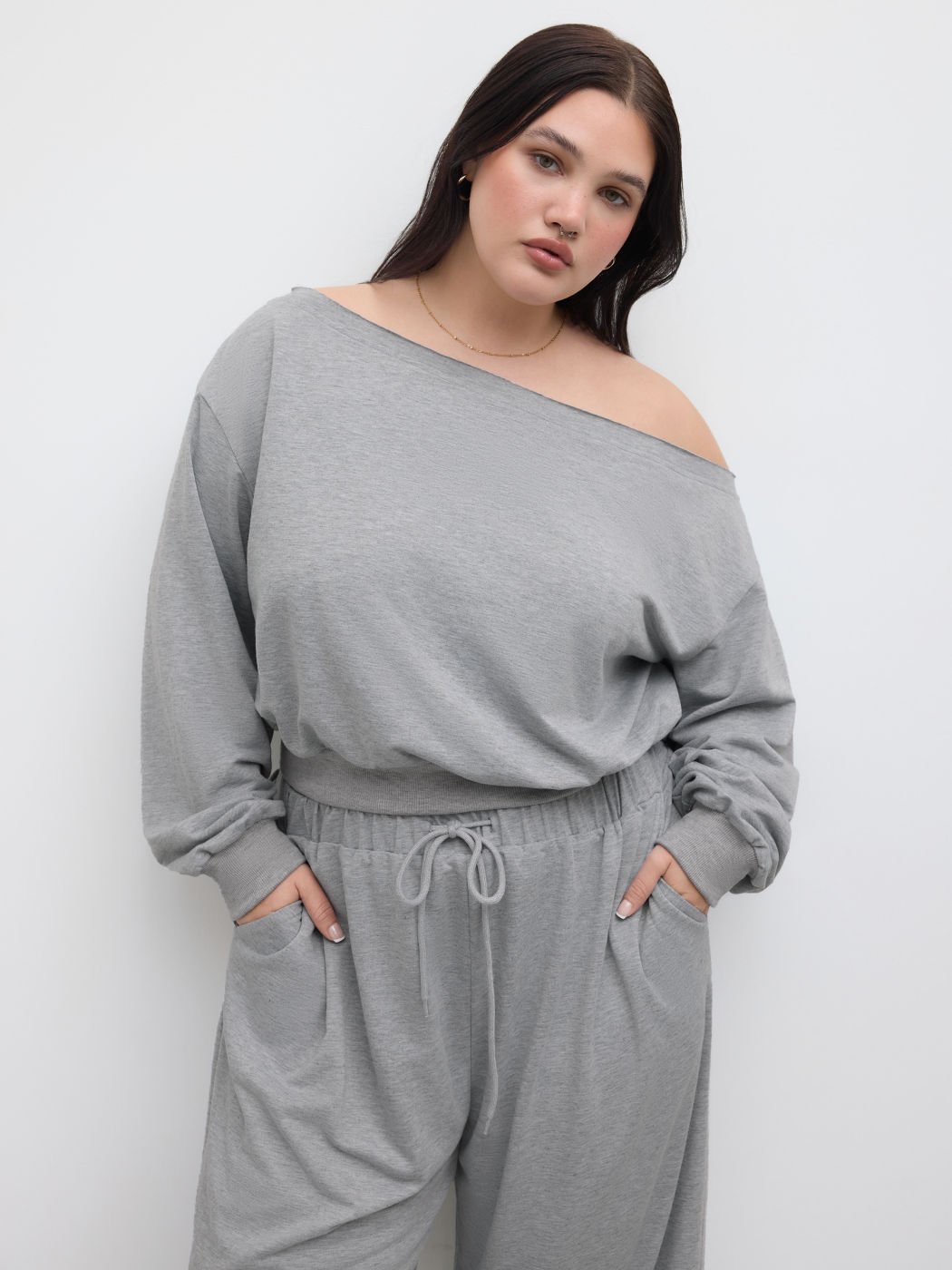 Terry Asymmetrischer Ausschnitt Langarmoberteil & Mittelhohe Elastische Taille Geknotete Gerade Hose Set Kurve & Plus