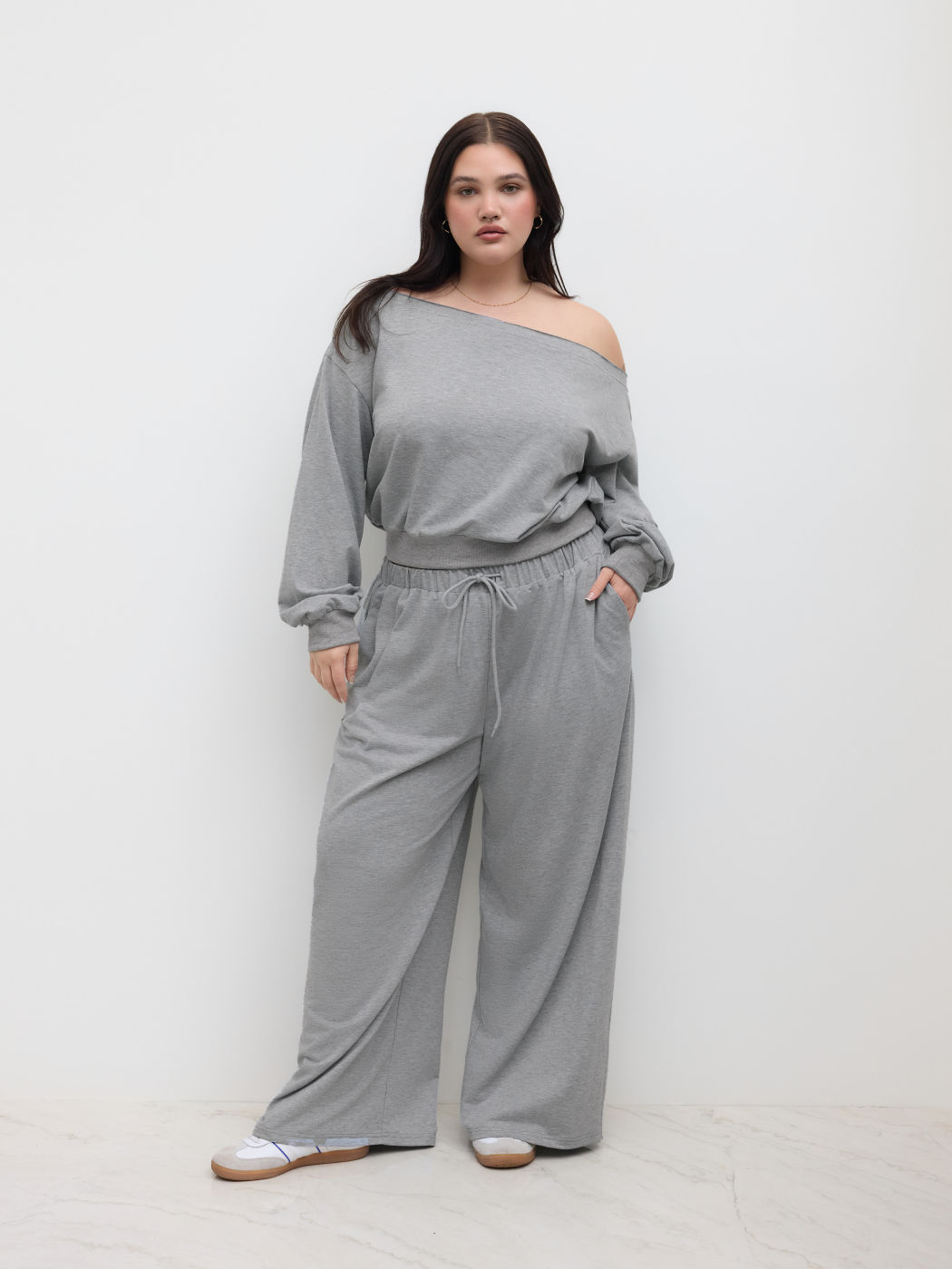 Terry Asymmetrischer Ausschnitt Langarmoberteil & Mittelhohe Elastische Taille Geknotete Gerade Hose Set Kurve & Plus