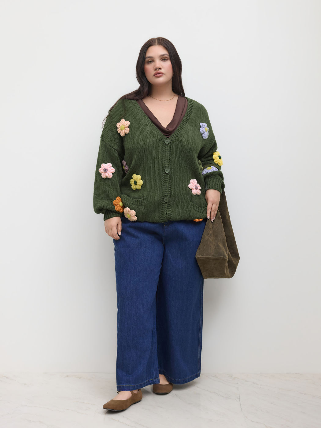 Knit V-neck 3D Flower Pocket Longline Cardigan Curve & Plus