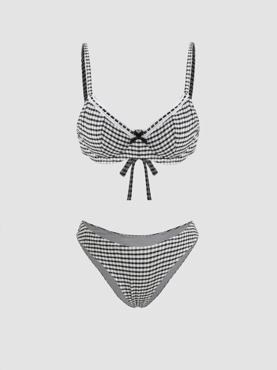 U-neckline Gingham Bowknot Underwire Cheeky Bikini Set