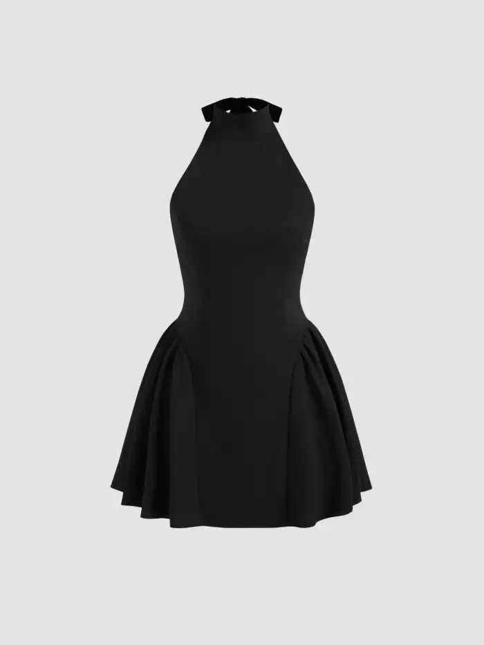Satin Stand Collar Backless Knotted Mini Dress