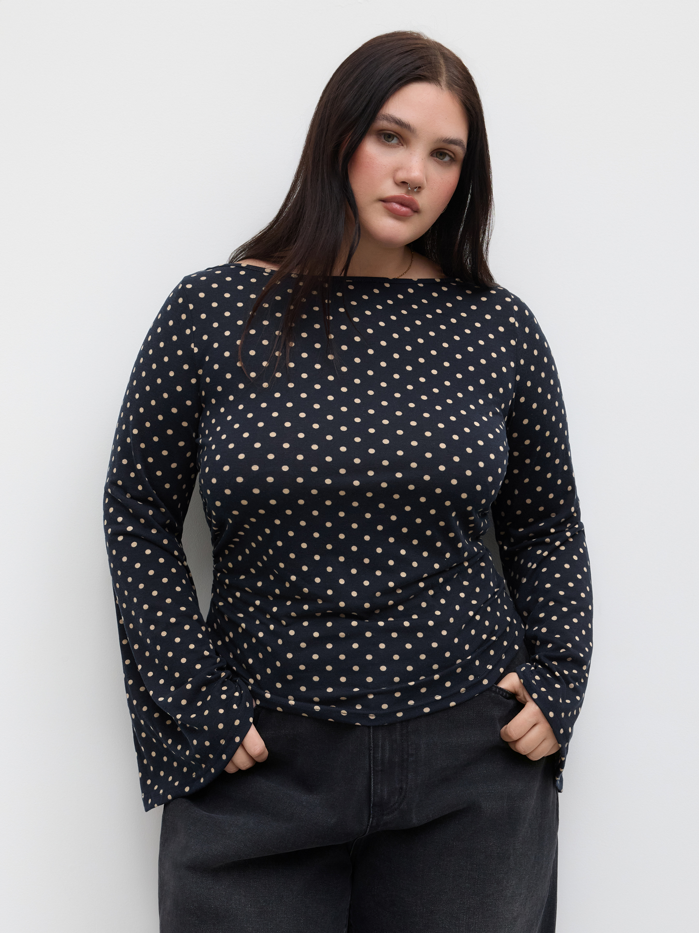 Knit Fabric Boat Neck Polka Dot Long Bell Sleeve Top Curve
