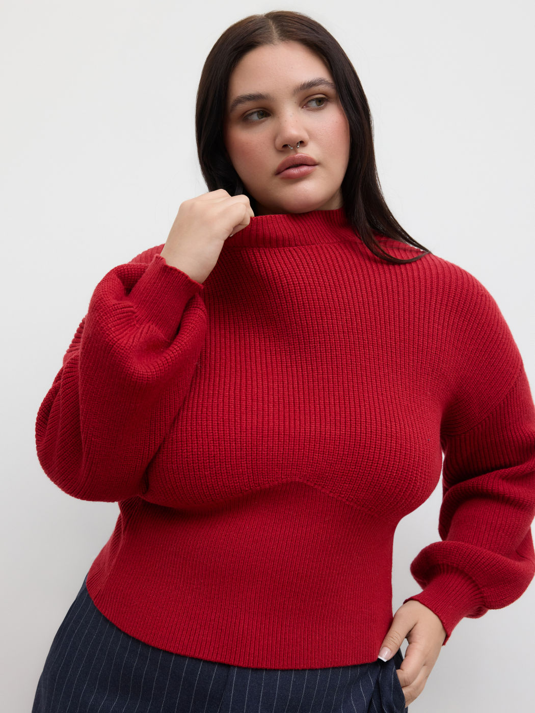 Knit Stand Collar Long Sleeve Sweater Curve & Plus