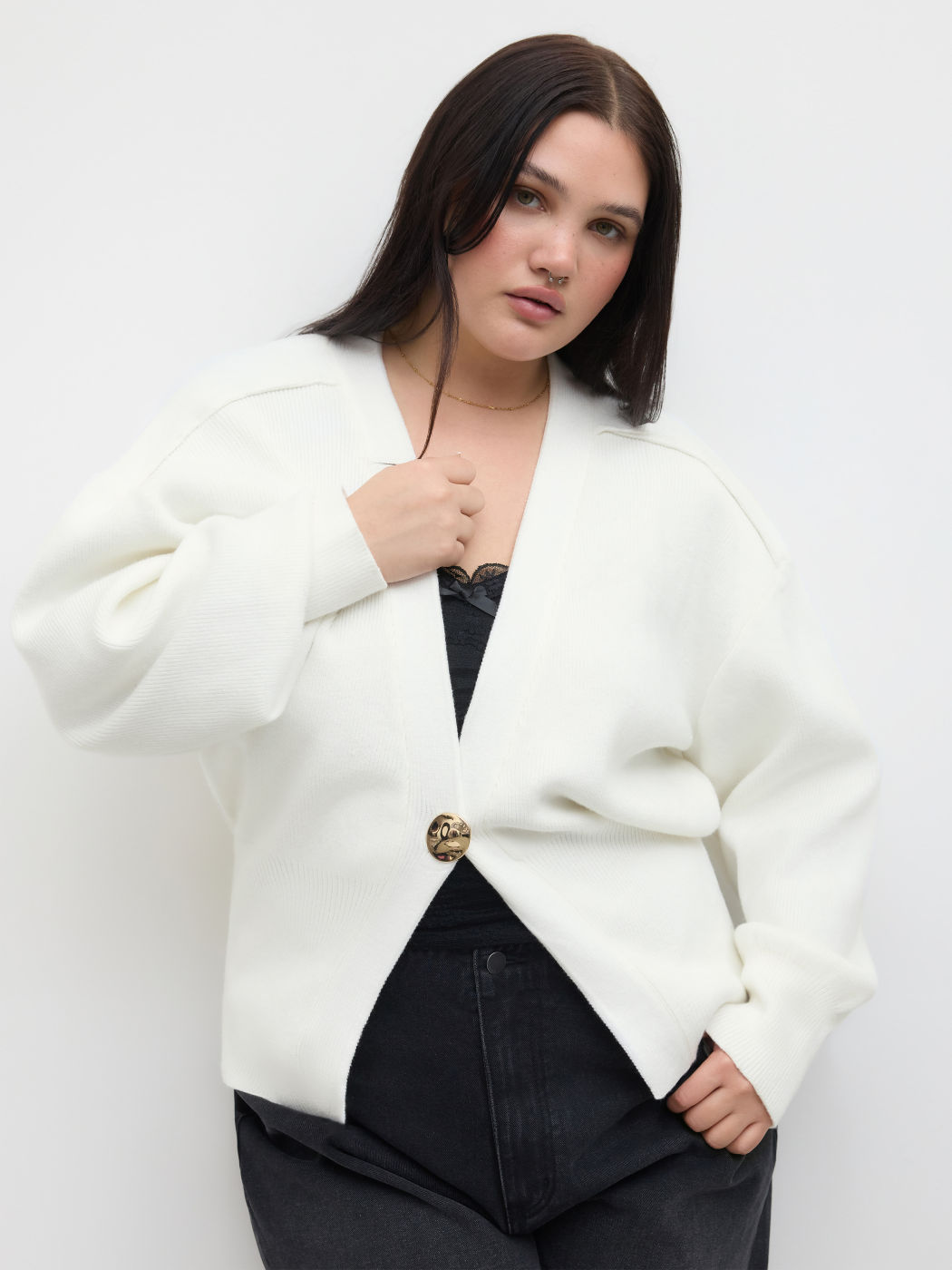 Knit V-neck Metallic Button Oversized Cardigan Curve & Plus
