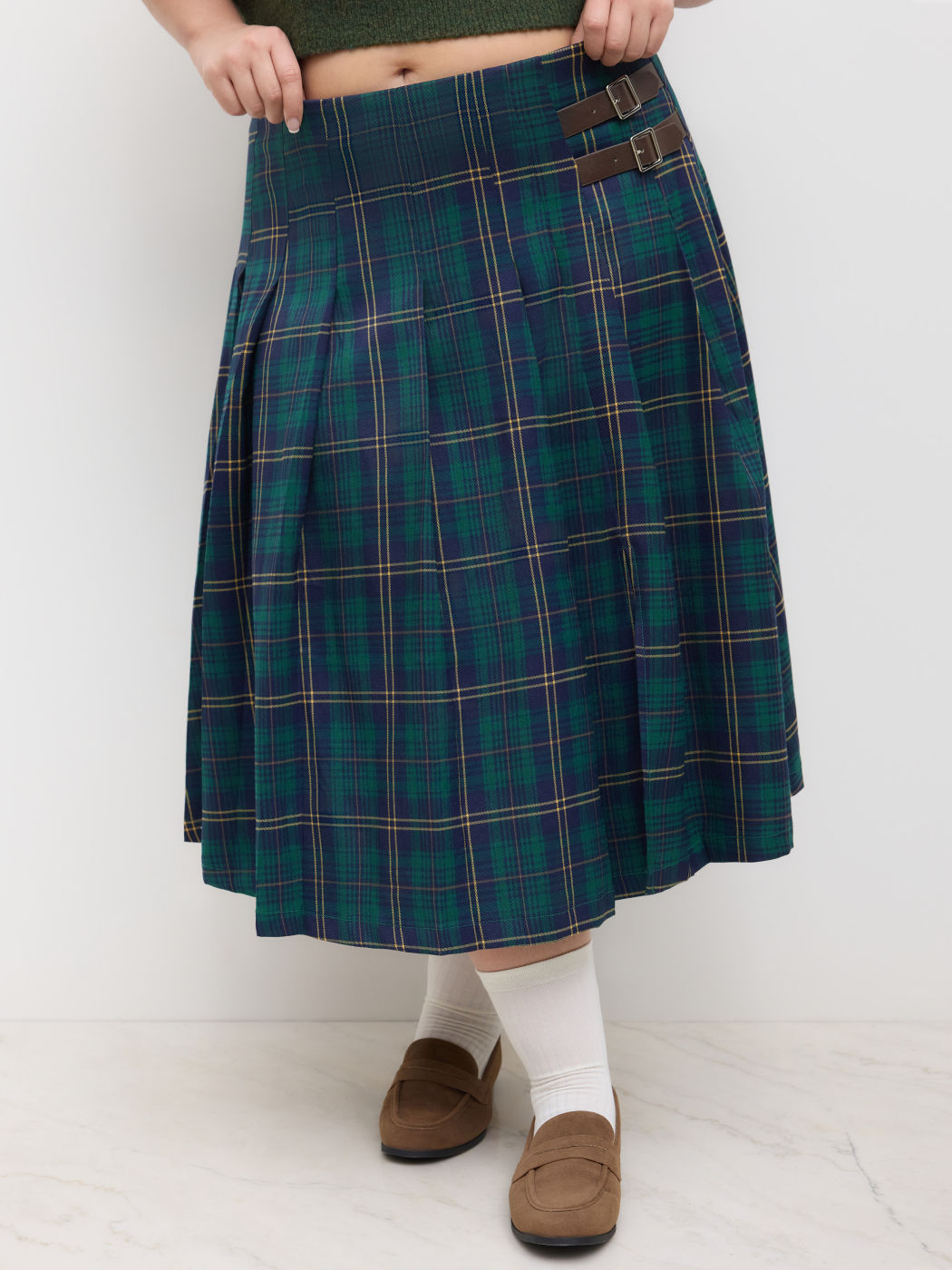 Mid Rise Tartan Pleated Belted Midi Skirt Curve & Plus