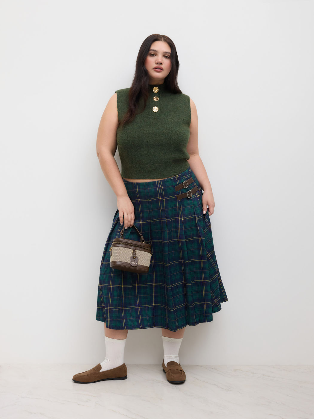 Mid Rise Tartan Pleated Belted Midi Skirt Curve & Plus