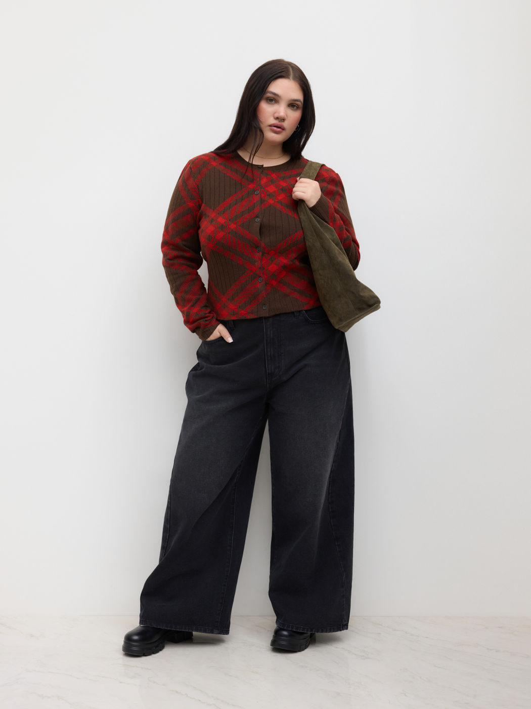 Knit Round Neckline Tartan Cardigan Curve & Plus