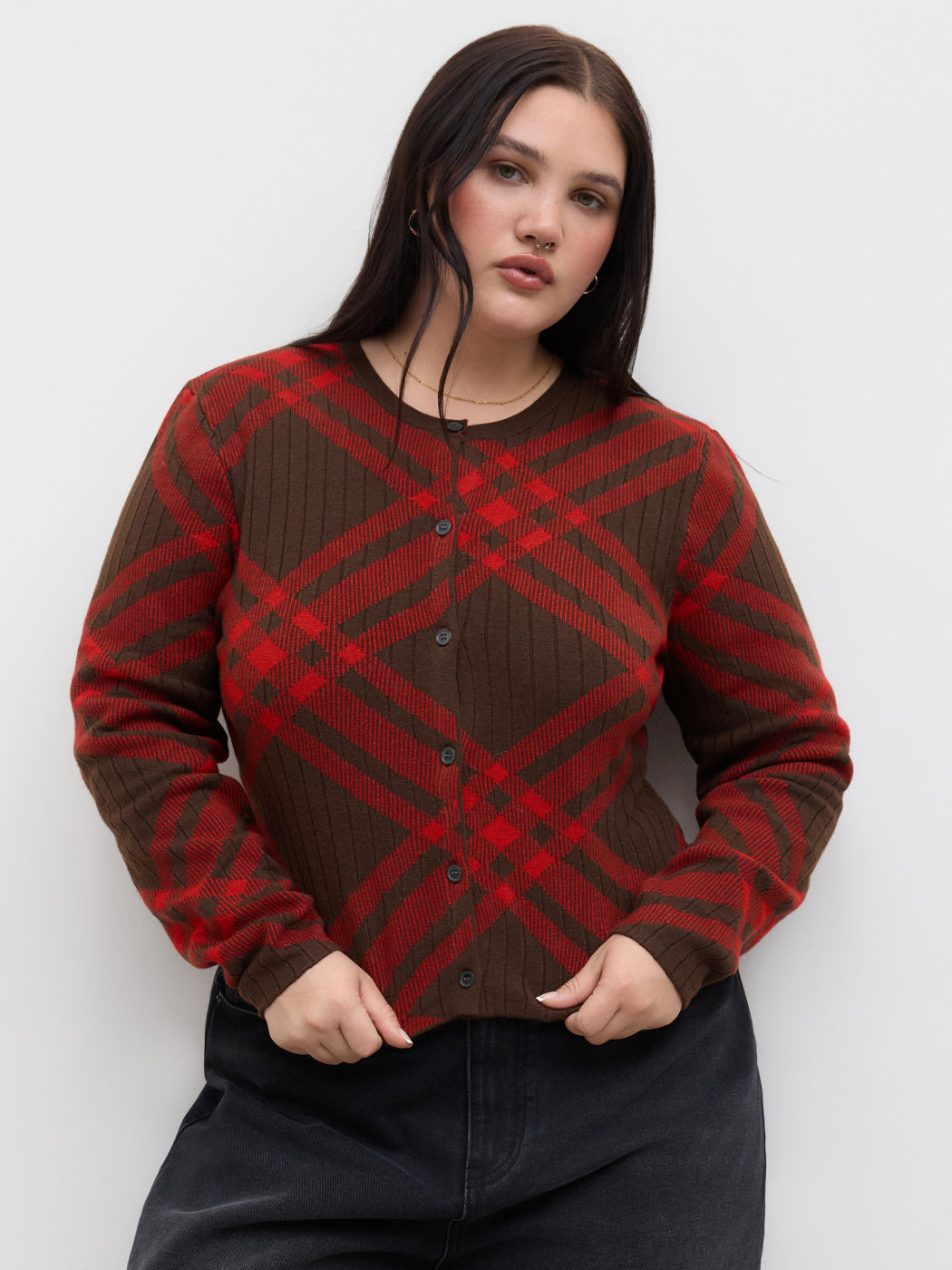 Knit Round Neckline Tartan Cardigan Curve & Plus