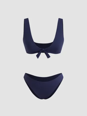 Ribbing U-neckline Knotted Tankini Cheeky Bikini Set