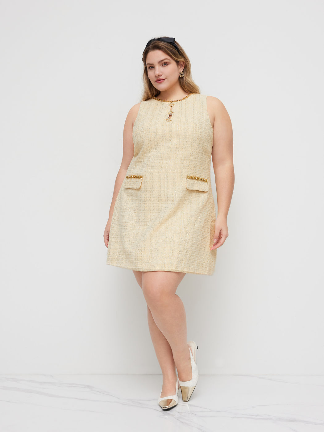 Tweed Pearl Sequin Rhinestone Trim Cut Out Mini Dress Curve & Plus