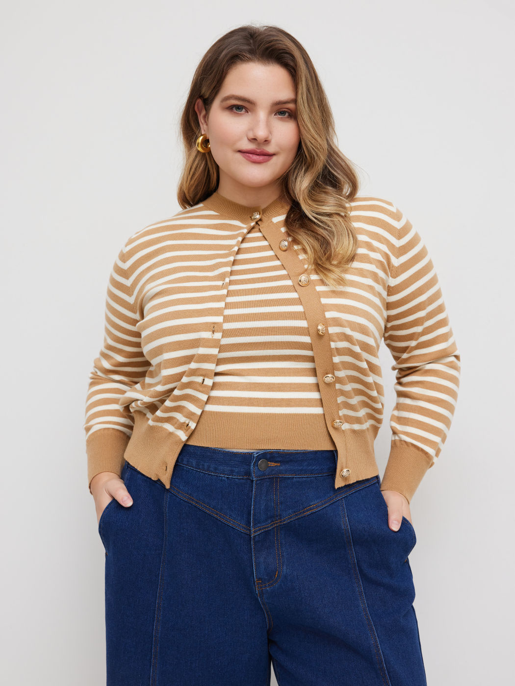 Knit Round Neckline Striped Top With Striped Tank Top Curve & Plus