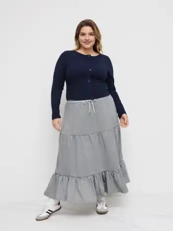 Cotton-blend Mid Rise Ruffle Knotted Tiered Maxi Skirt Curve & Plus