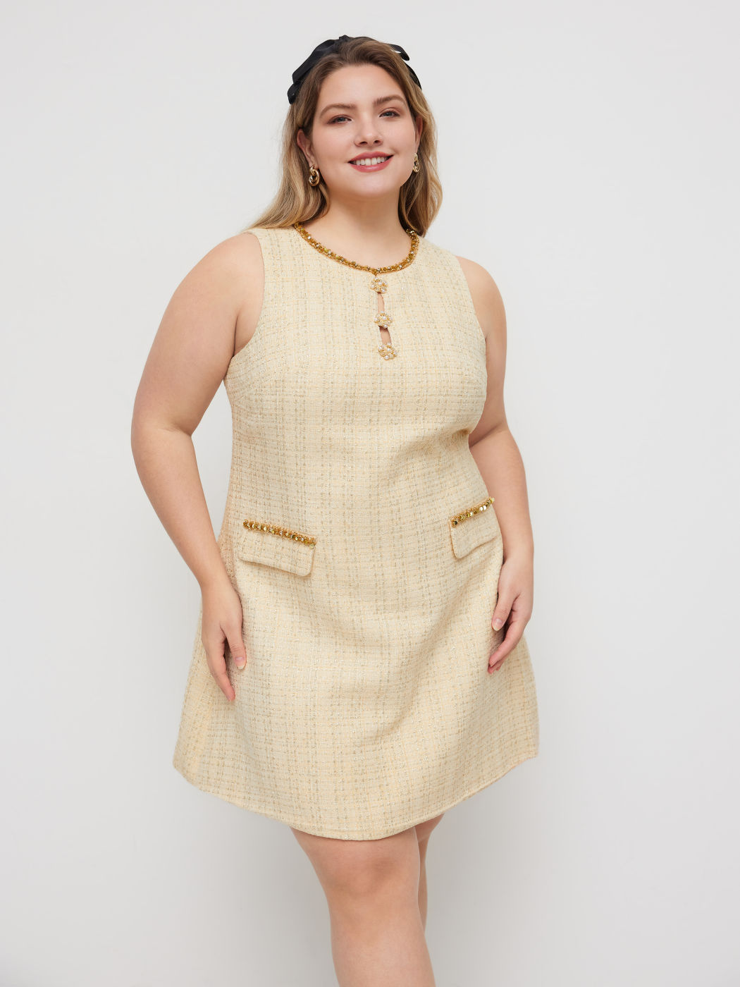 Tweed Pearl Sequin Rhinestone Trim Cut Out Mini Dress Curve & Plus