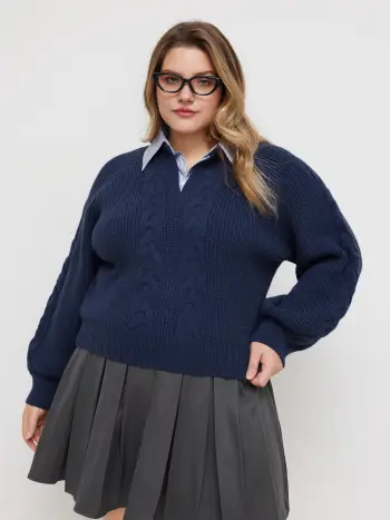 Kabelgestrickter Kragen, Zweifarbiges Oversize-Top Kurve & Plus