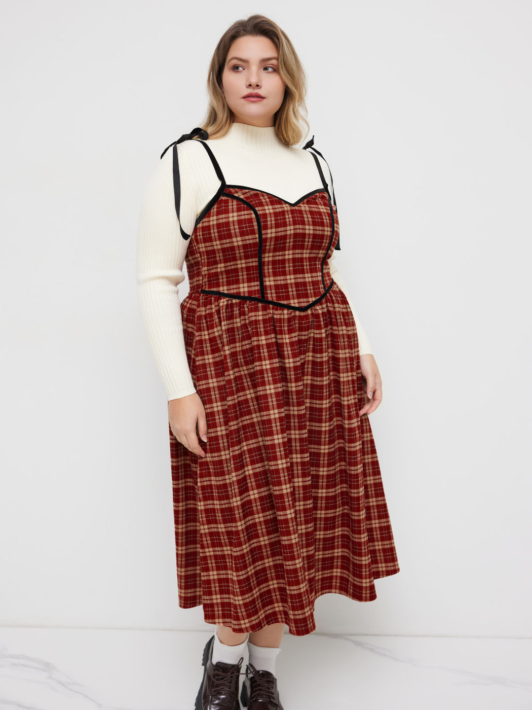 V-neck Plaid Knotted Shirred Maxi Dress Curve & Plus