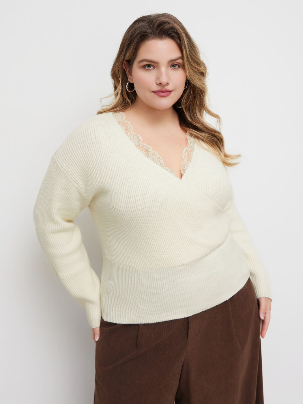 Knit V-neck Lace Trim Wrap Oversized Top Curve & Plus