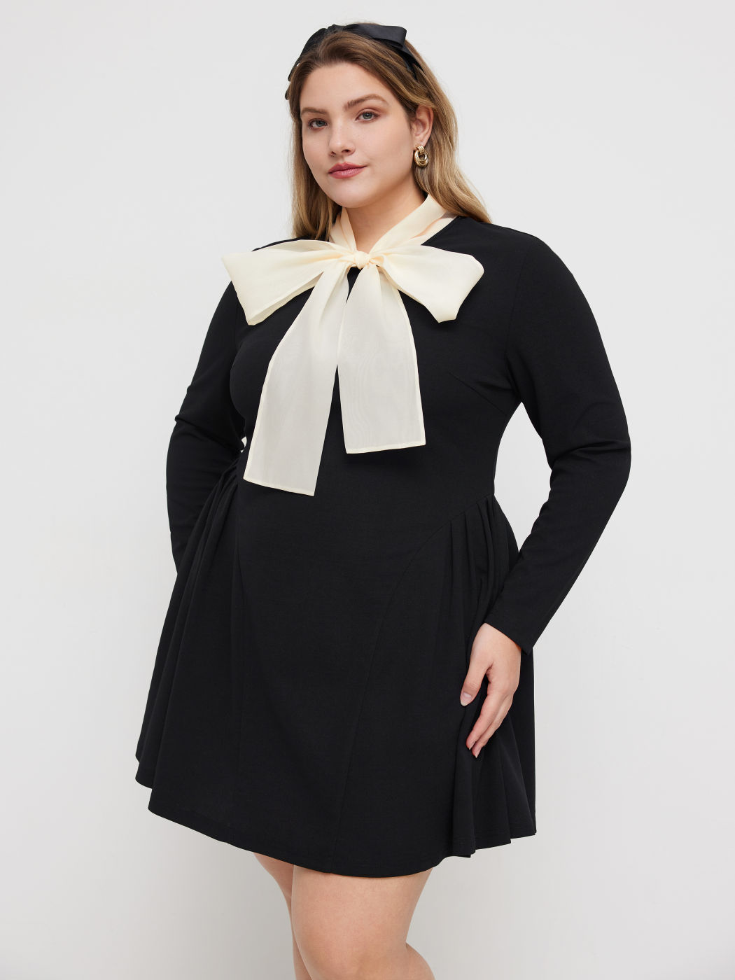 High Neck Knotted Ruffle Hem Long Sleeve Mini Dress Curve & Plus