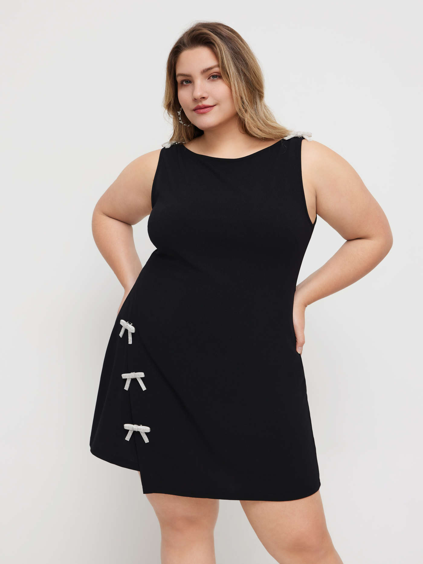 Boat Neckline Solid Bowknot Wrap Mini Dress Curve & Plus