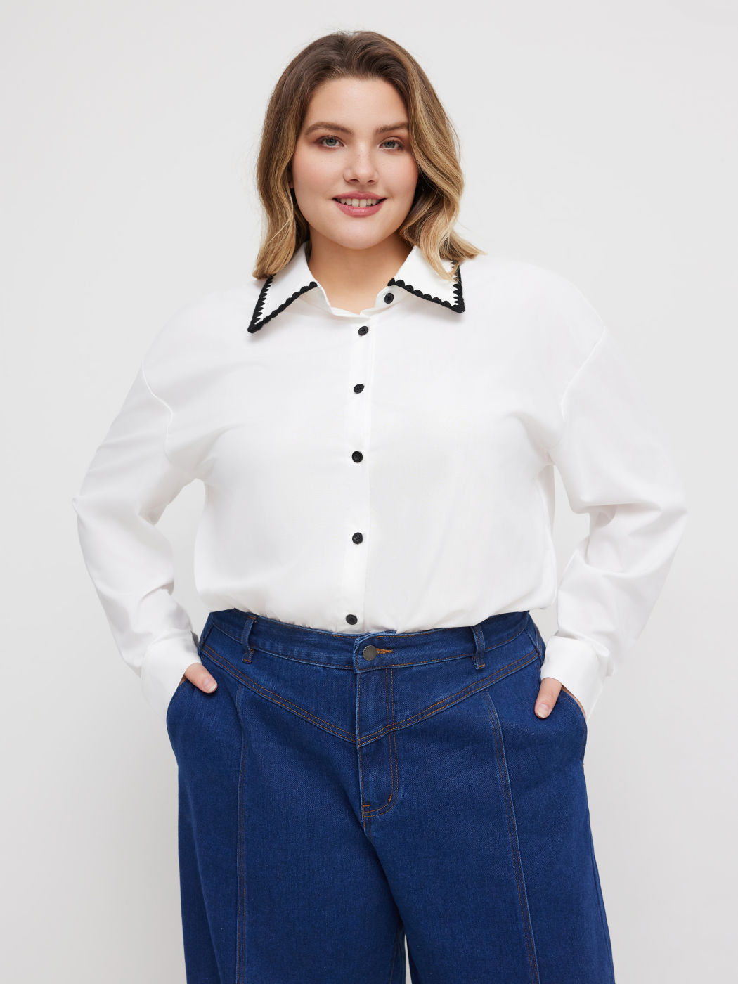 Polo Kontrastierende Bindung Langarm Oversized Body Kurve & Plus