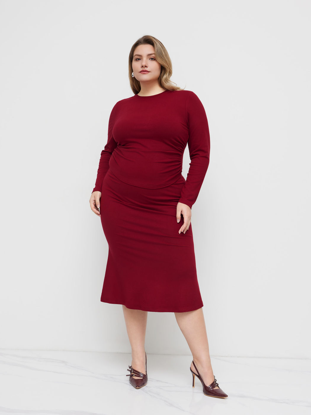 Round Neckline Ruched Top & Mid Rise Maxi Skirt Set Curve & Plus