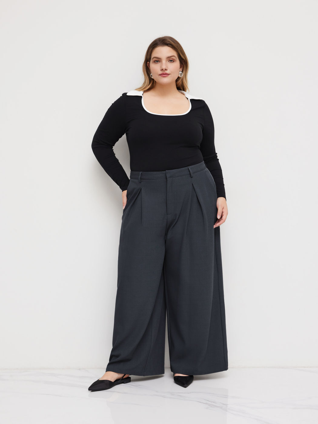 Mid Rise Pocket Wide Leg Hosen Kurve & Plus