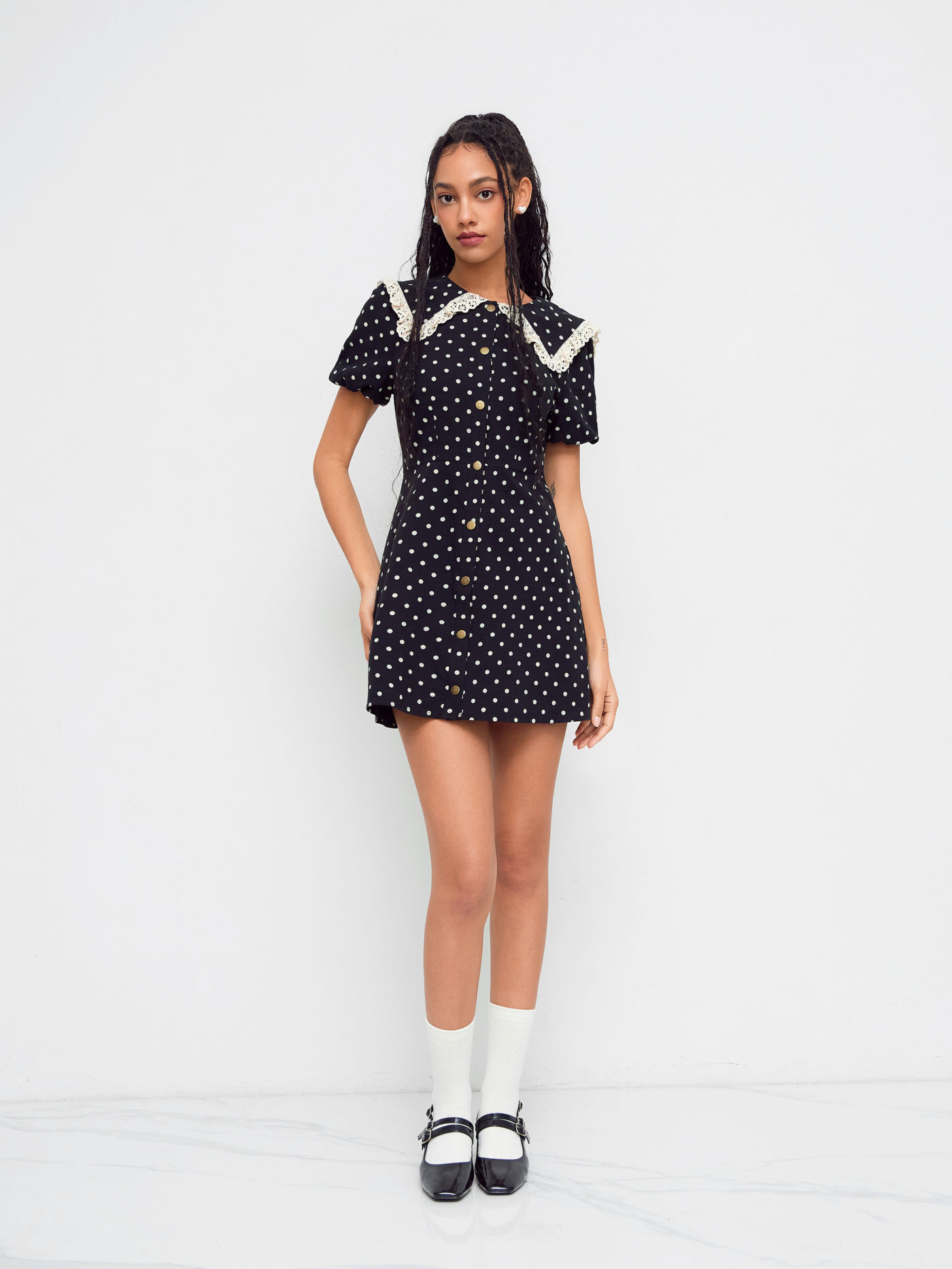 Cotton-blend Collar Polka Dot Lace Trim Mini Dress