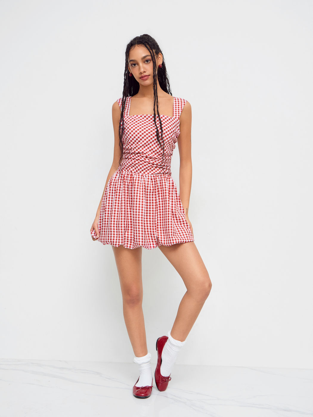 Square Neck Gingham Shirred Bubble Mini Dress