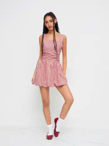 Square Neck Gingham Shirred Bubble Mini Dress