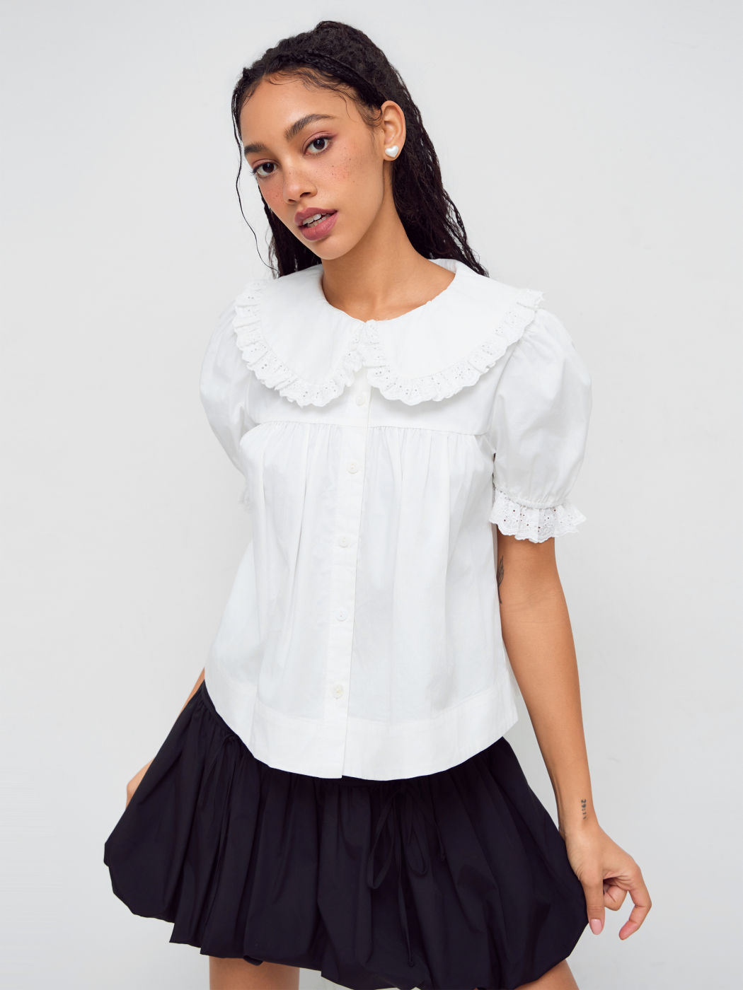 100% Cotton Collar Lettuce Trim Blouse