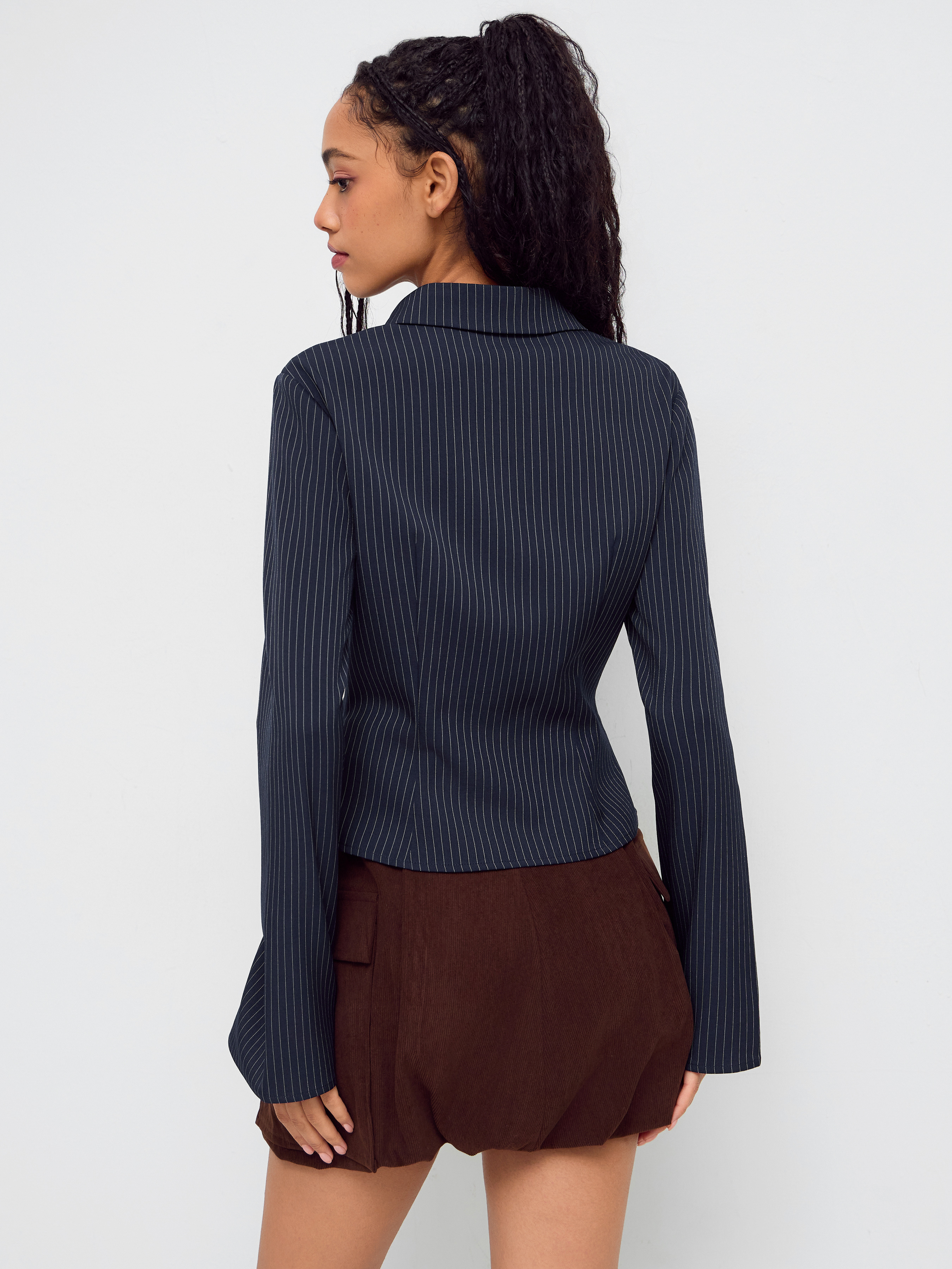 Collar Striped Cinched Waist Bell Sleeve Shirt