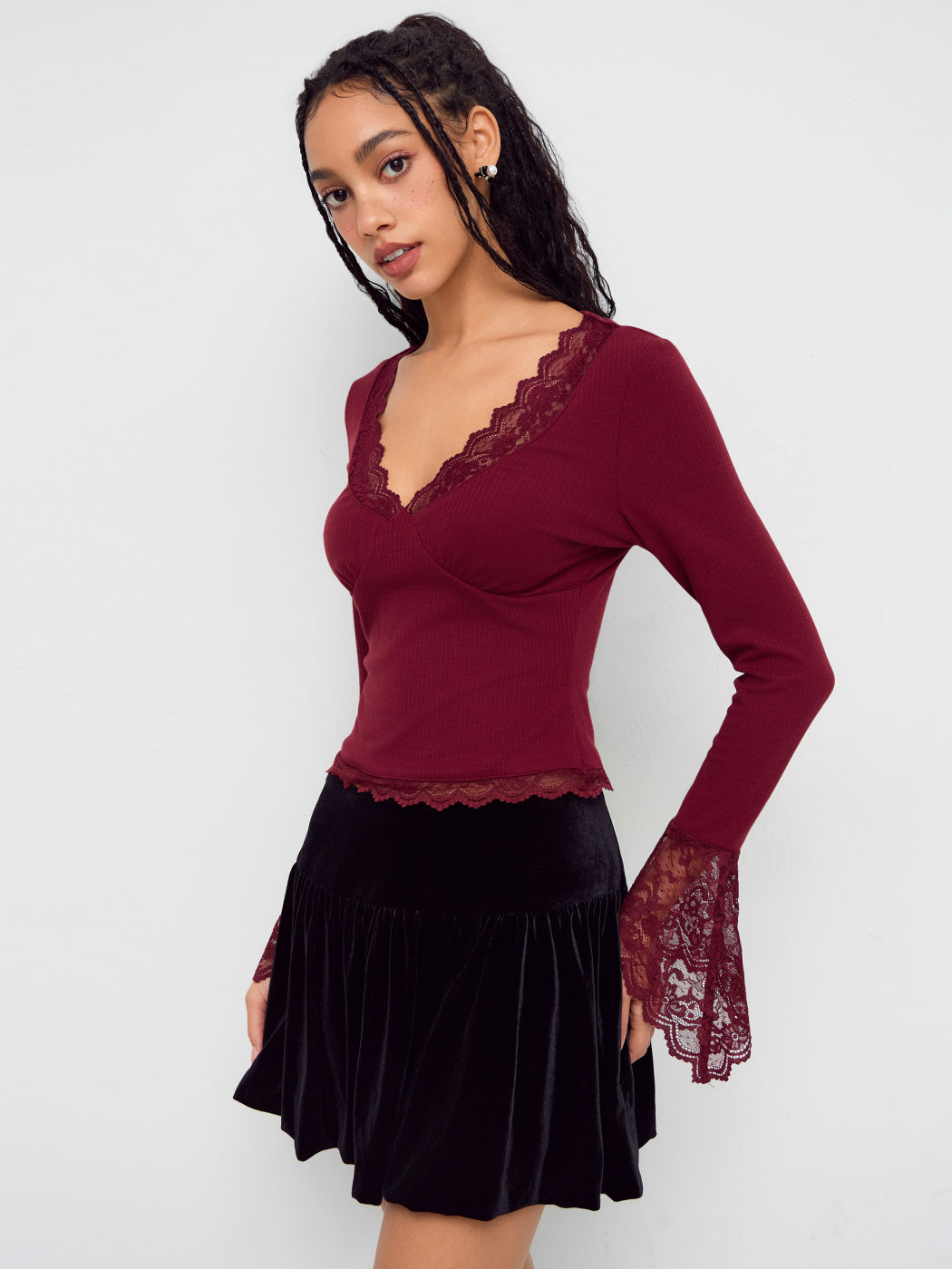 V-neck Lace Trim Bell Sleeve Top