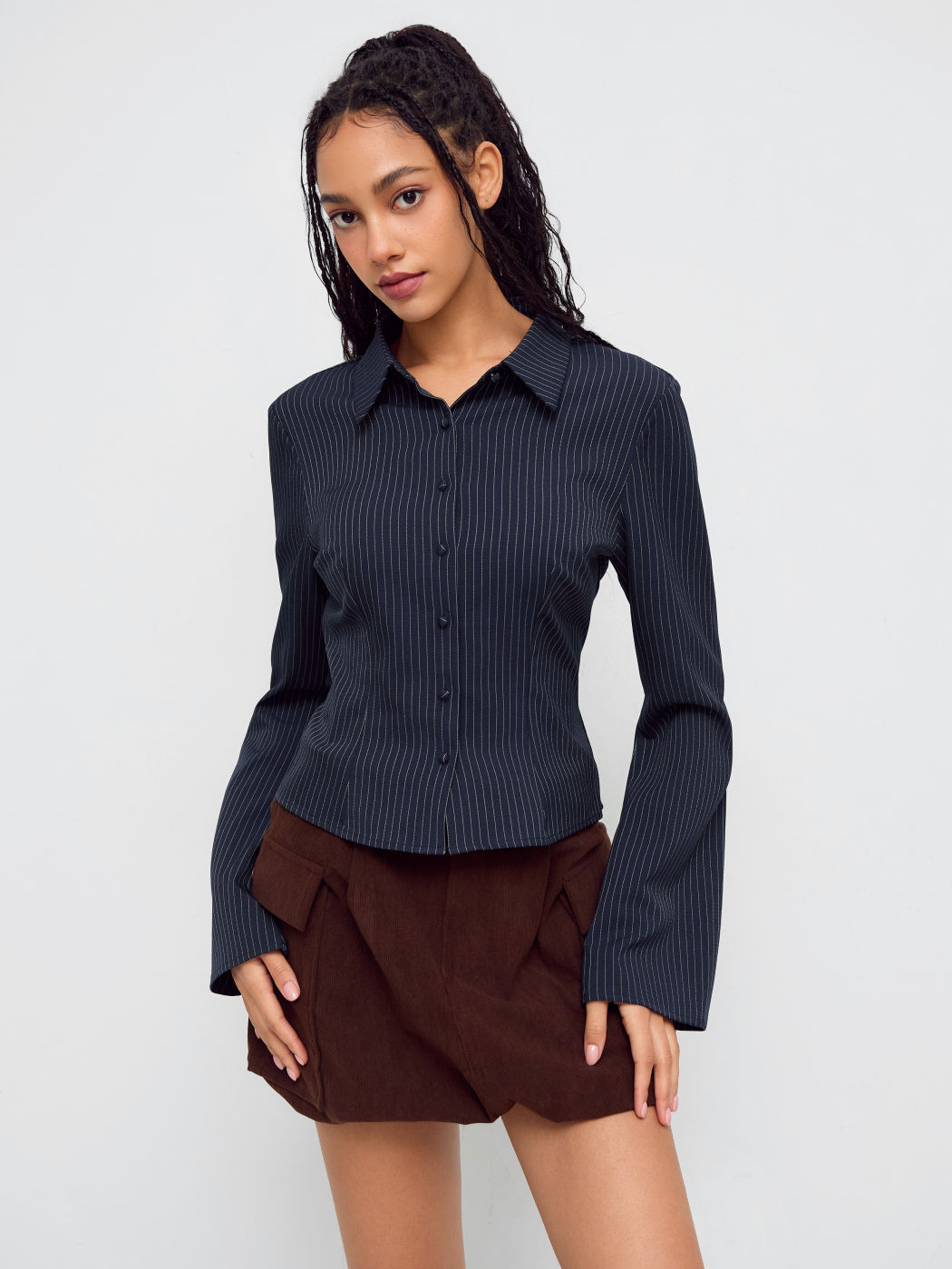 Collar Striped Cinched Waist Bell Sleeve Shirt