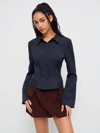 Collar Striped Cinched Waist Bell Sleeve Shirt