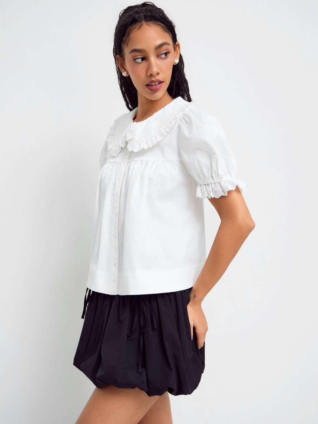 100% Cotton Collar Lettuce Trim Blouse