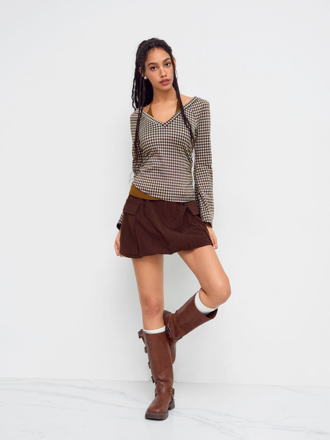 Cotton-blend V-neck Gingham Two Tone Long Sleeve Top