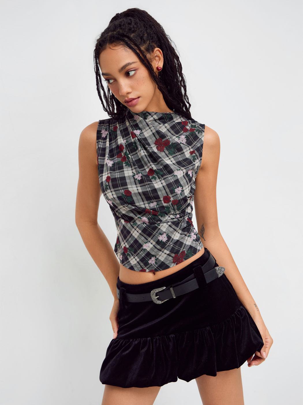 High Neck Plaid Floral Ruched Tank Top