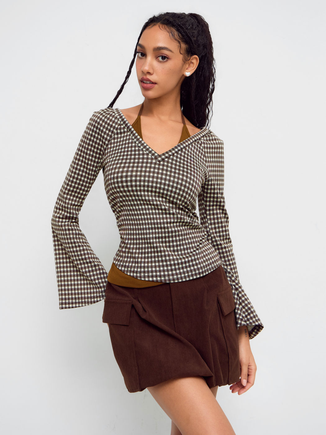 Cotton-blend V-neck Gingham Two Tone Long Sleeve Top