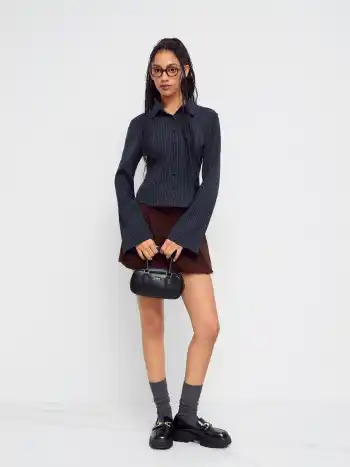 Collar Striped Cinched Waist Bell Sleeve Shirt