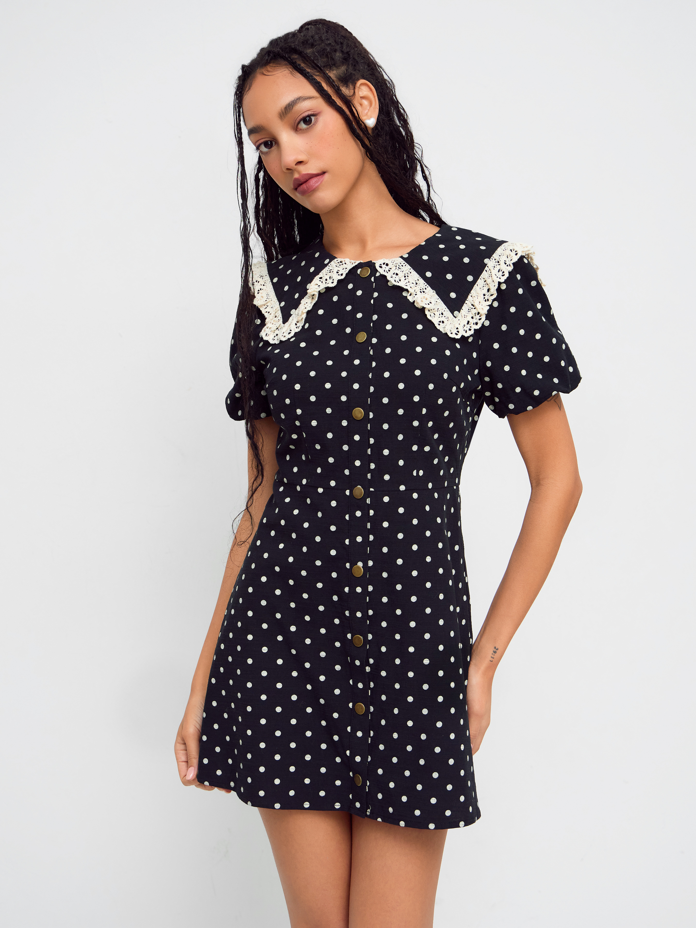 国内配送★Cider★ラインストーンレーストリムミニドレス Woven Cotton-blend Collar Polka Dot Lace Trim Mini Dress For