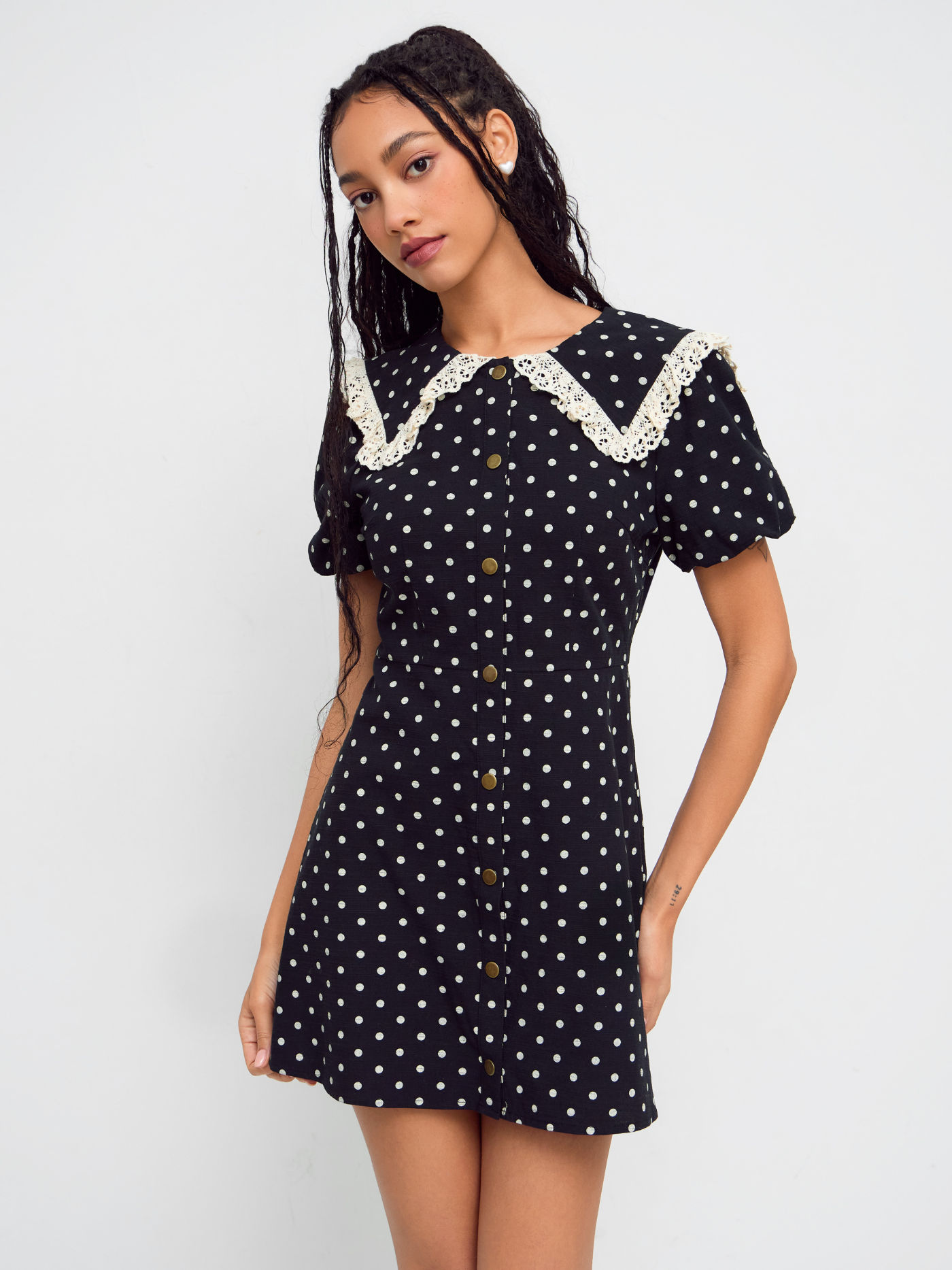 Cotton-blend Collar Polka Dot Lace Trim Mini Dress