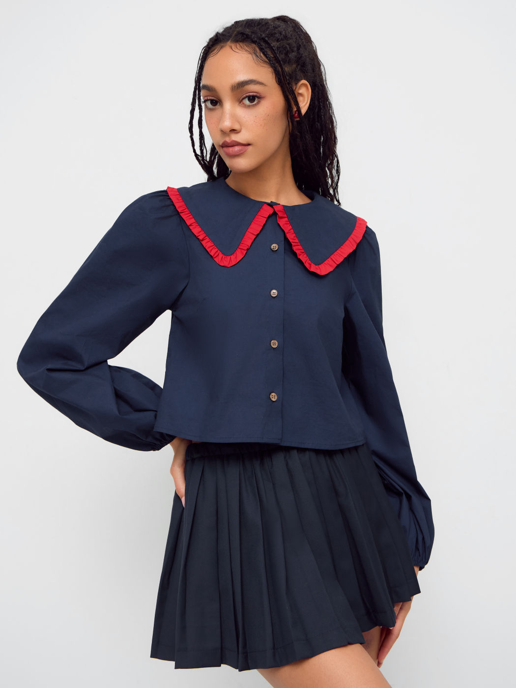 100% Cotton Collar Lettuce Trim Long Sleeve Blouse