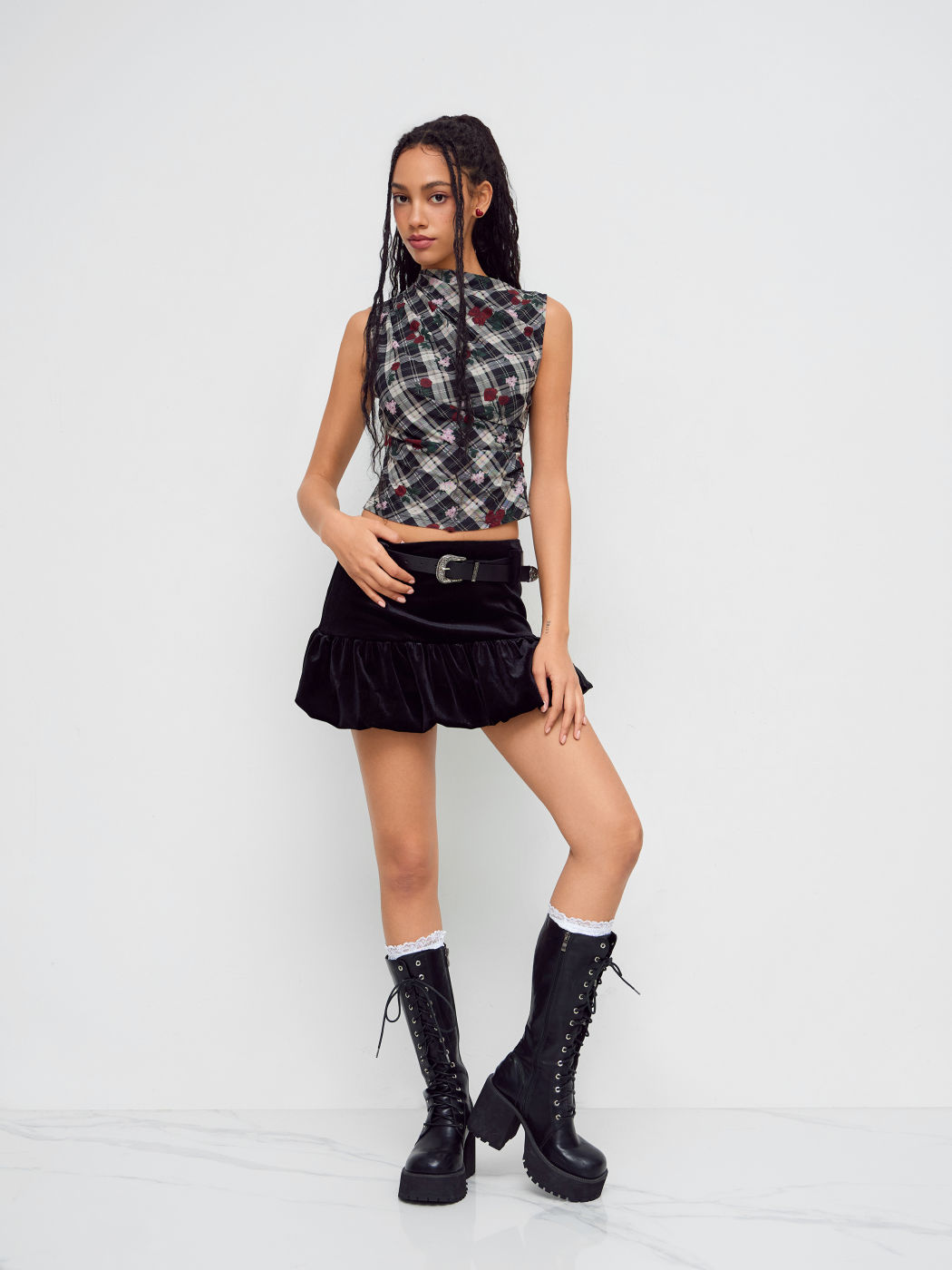 High Neck Plaid Floral Ruched Tank Top