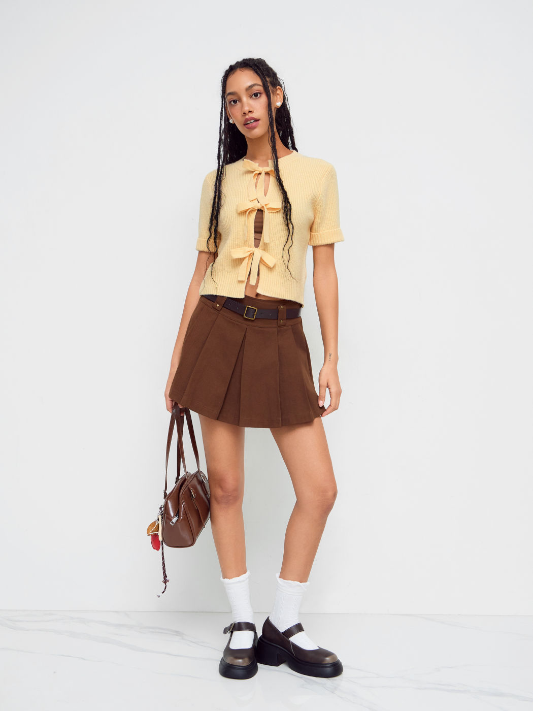 Knit Round Neck Tie Front Bowknot Short Sleeve Sweater