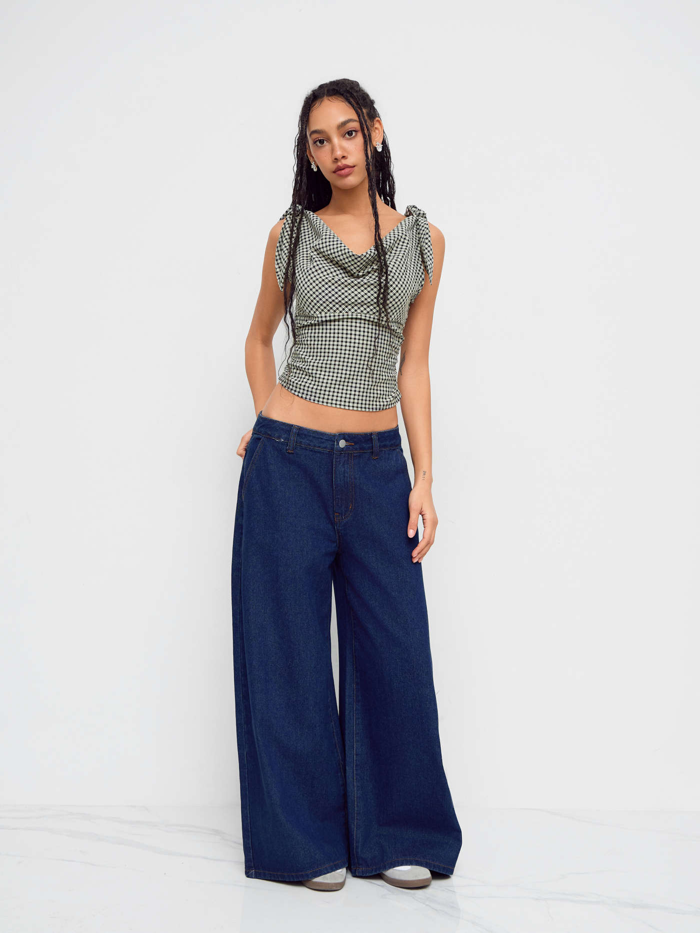Woven Cotton-blend Cowl Neck Check Knotted Tank Top For Date