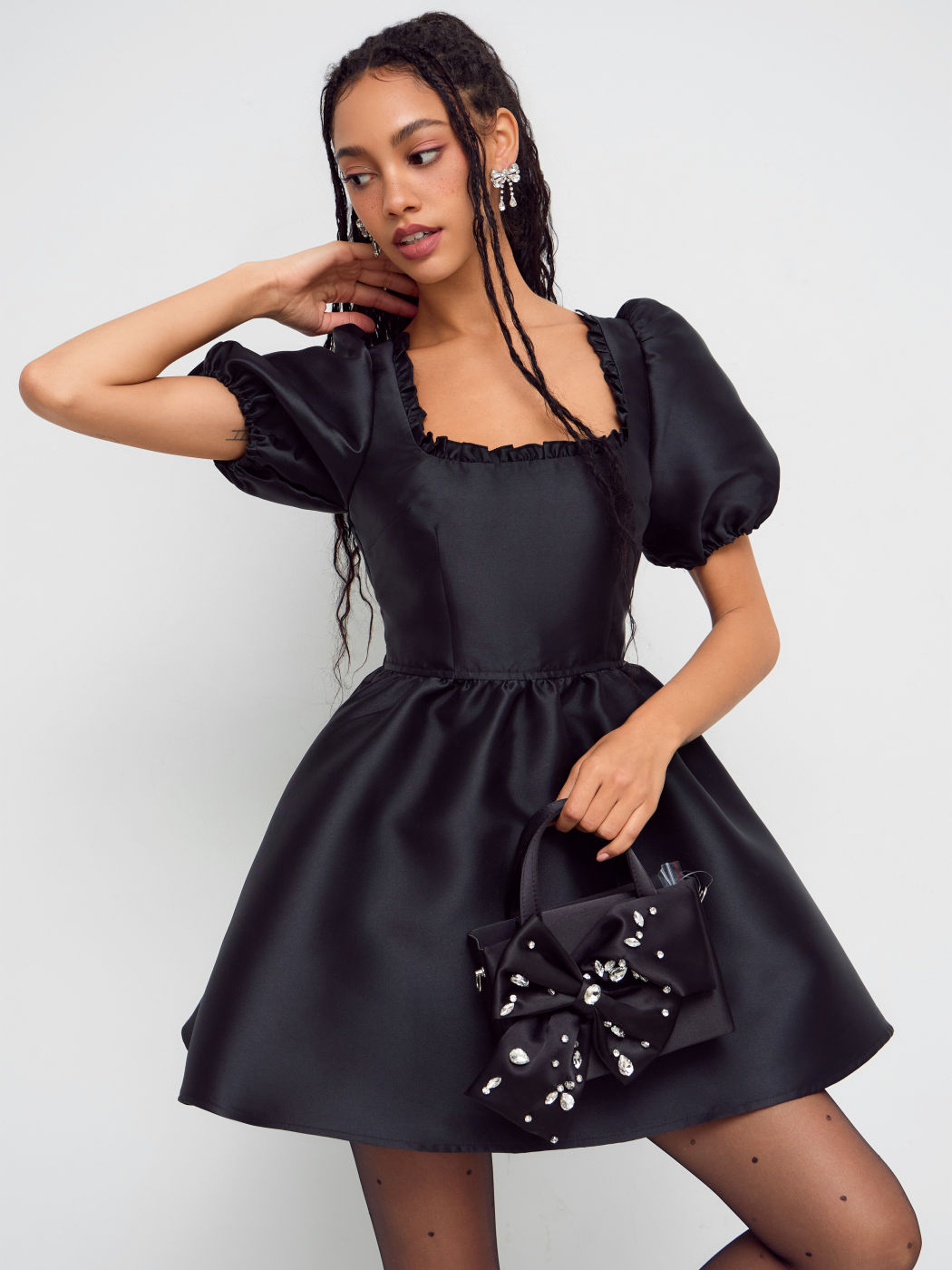 Bowknot Back Puff Sleeve Mini Dress